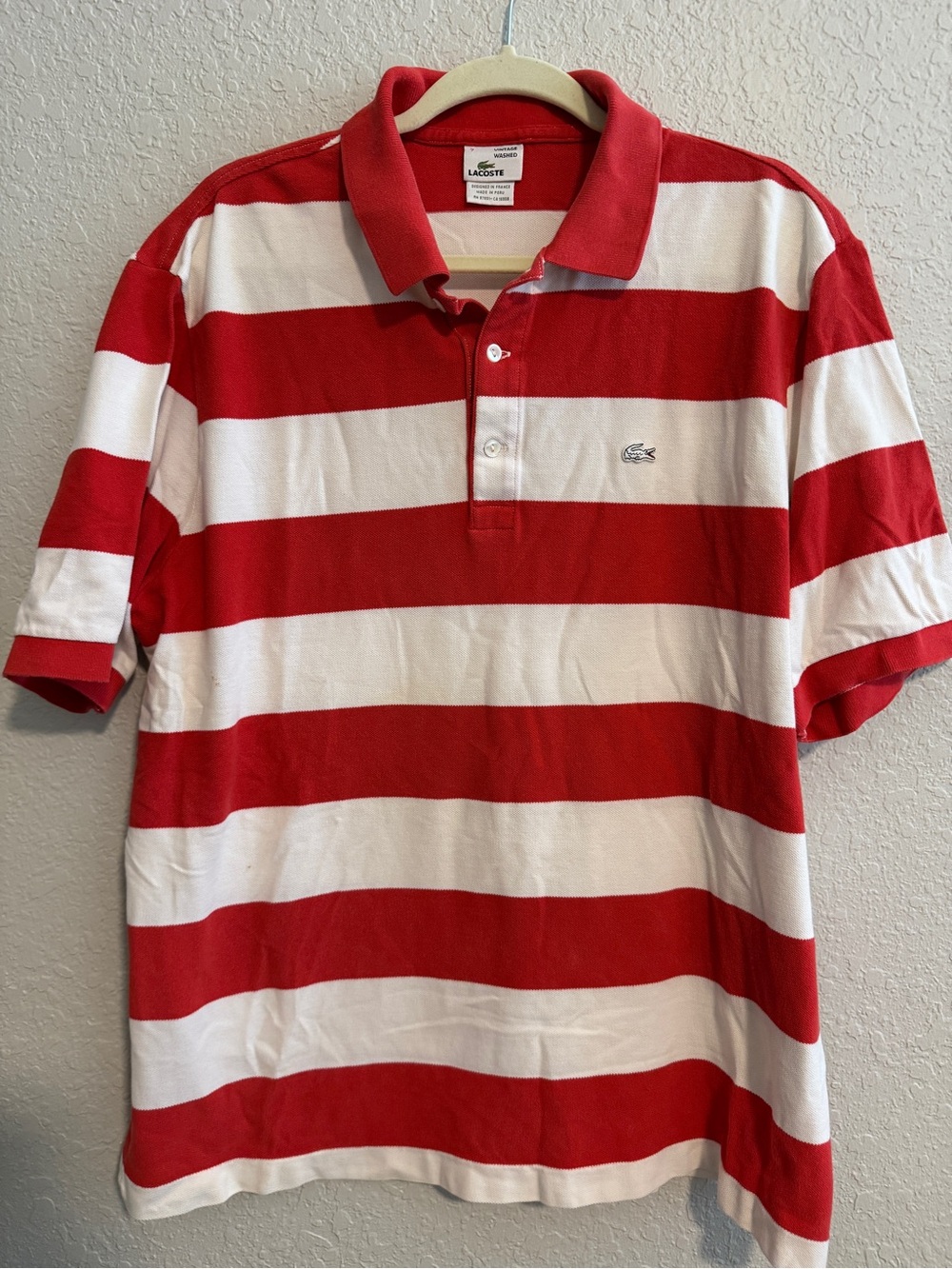 Lacoste Red and White Horizontal Stripe Polo